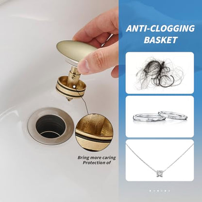 BWE Brushed Gold Bathroom Vessel Sink Drain Stopper with Overflow One Piece Pop Up Drain Assembly with Strainer for Bathroom Faucet Sink - color: Brushed Gold, size: With Overflow