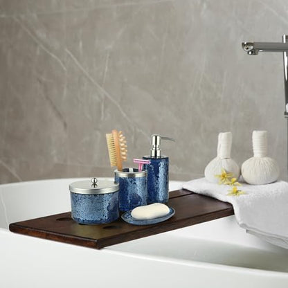 4 Pcs Mosaic Glass Bathroom Accessories Set, Modern Luxury Bath Ensemble, Includes Soap Dispenser, Cotton Swab Jar, Toothbrush Holder, Soap Dish (Shiny Blue)