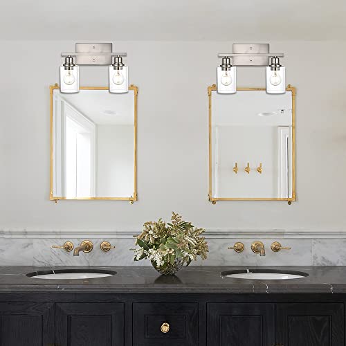 Modern Bathroom Vanity Light,2 Light Industrial Wall Sconces in Brushed Nickel Finish Indoor Metal Base Wall Mounted Fixture with Clear Glass Shade - color: Brushed Nickel, size: 2 Light
