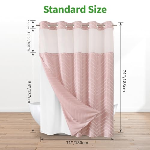 Blush Pink No Hook Shower Curtain with Snap-in Liner Set,Boho Modern Farmhouse White Tufted Chevron Striped Design,Woven Fabric Bathroom Curtain,71x74 - color: White Pink, size: 71"W x 74"L (Pack of 1)