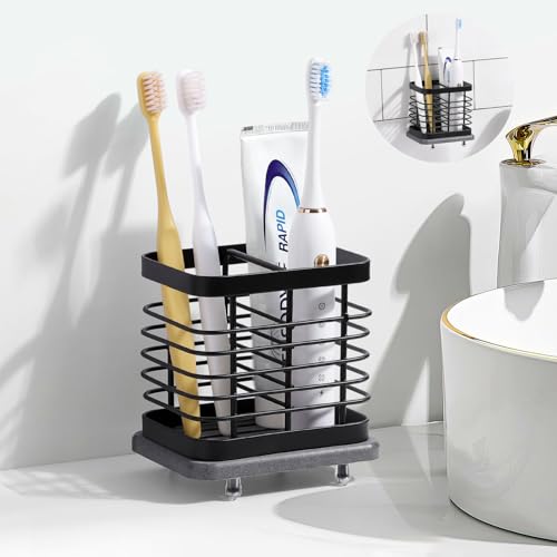 Shinowa Toothbrush Holder Wall Mounted for Bathroom 2 Slots | Stainless Steel Electric Toothbrush Toothpaste Holder with Fast Dry Tray, Adhesive and Countertop Bathroom Accessories - color: Black