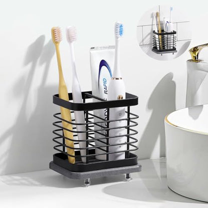 Shinowa Toothbrush Holder Wall Mounted for Bathroom 2 Slots | Stainless Steel Electric Toothbrush Toothpaste Holder with Fast Dry Tray, Adhesive and Countertop Bathroom Accessories - color: Black