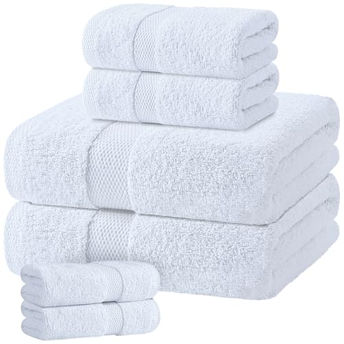 White Bath Towel Set of 6 - 100% Cotton Highly Absorbent Towels for Bathroom, 2 Luxury Bath Towels 650GSM, 2 Hand Towels, 2 Washcloths - color: White