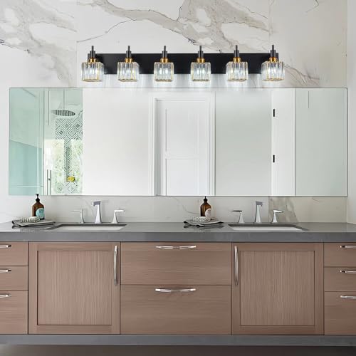 6-Lights Crystal Bathroom Vanity Light Black Gold Modern Bathroom Lighting Fixtures Over Mirror, Wall Light Fixtures - color: Black Gold-Square Shade, size: 6-Light
