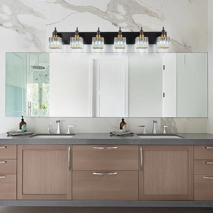 6-Lights Crystal Bathroom Vanity Light Black Gold Modern Bathroom Lighting Fixtures Over Mirror, Wall Light Fixtures - color: Black Gold-Square Shade, size: 6-Light