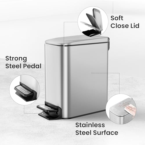 Cesun Small Bathroom Trash Can with Lid, 1.6 Gal, Soft Close, Sliver | Step pedal soft close, Slim 5.9in fits narrow spaces, Stainless steel, Anti-fingerprint, Removable inner bucket, Odor seal - color: Silver