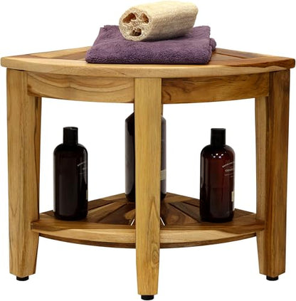AquaTeak Kai Clear-Shield Corner 15.5" Teak Shower Bench | Durable, Water-Resistant Teak, Shower Chair & Shaving Foot Rest, Indoor/Outdoor Use - size: Clear Shield, style: Corner Stool With Shelf