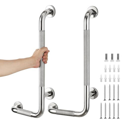 L-Shaped Grab Bars for Shower, 2 Pack, 24 x 12 Inch Stainless Steel, Left | Grab Bars for Bathroom; Diamond-Knurled Anti-Slip Grip; Wall-Mounted Safety Rail for Seniors; Mounting Hardware Included - size: Left 2PCS