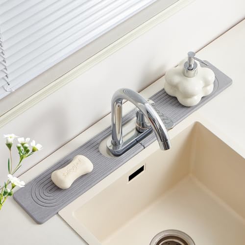 Stone Faucet Mat for Kitchen Sink Oval Hole Bathroom sink splash guard | Water-Absorbing Diatomite Stone Drying Mat & Sink Protectors Absorbent Stone Tray for Bathroom Counter, Oval Hole 6.5" x 2.5" - color: Gray
