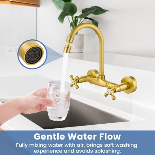 Airuida Antique Brass Wall Mounted Kitchen Faucet,Utility Sink Faucet | 8 Inch Adjustable Center,360° Swivel Spout,Wall Mount Commercial Faucet,Double Cross Handle - color: Antique Brass