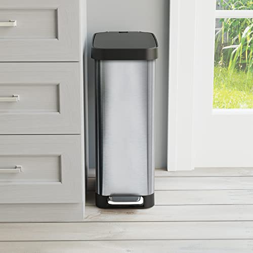 Glad Slim Trash Can with Clorox Odor Protection - Narrow Kitchen Garbage Bin with Soft Close Lid, Step On Foot Pedal and Waste Bag Roll Holder, Stainless Steel, 12 Gallon/45 Liter - color: Stainless Steel