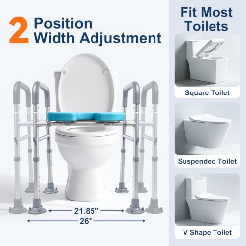 Adjustable Raised Toilet Seat with Handles for Seniors, Grey | 400lbs Capacity Elongated Toilet Seat Riser, Elevated Toilet Seat with Soft Cushion & Removable Armrests - color: Cozy Grey