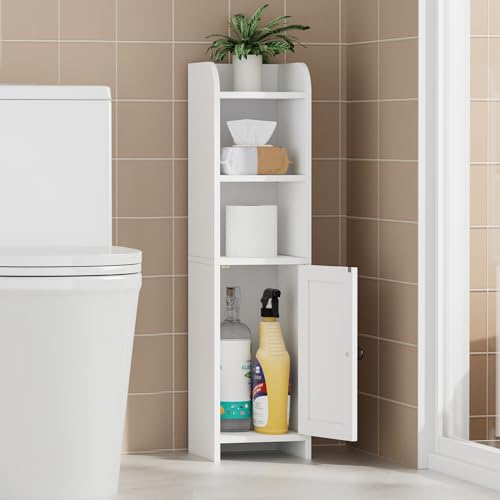 Homhedy Small Bathroom Storage Cabinet, Narrow Toilet Paper Cabinet | Corner Floor Cabinet with Door and Shelves, Slim Bathroom Cabinet for Small Spaces, 9.8" D x 7.9" W x 31" H, White - color: White, size: 9.8"D x 7.9"W x 31"H