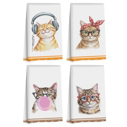 Hanamiya Na 4 Pcs Funny Cat Kitchen Hand Towels 24x14 Inch - color: Multi 1350