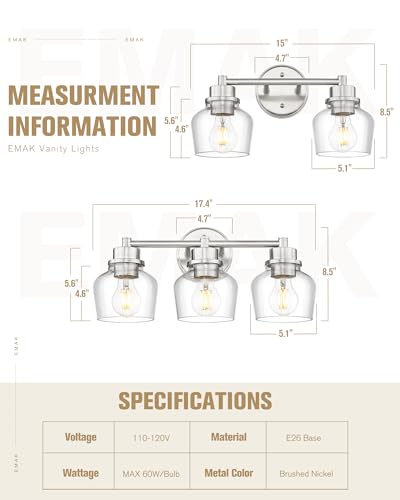 Emak 2-Light Vanity Lights, Brushed Nickel Bathroom Lights Over Mirror with Clear Glass Shade, Modern Bathroom Wall Sconces, VL122-BN-CG-2 - color: Brushed Nickel & Clear Glass, size: 2 Light