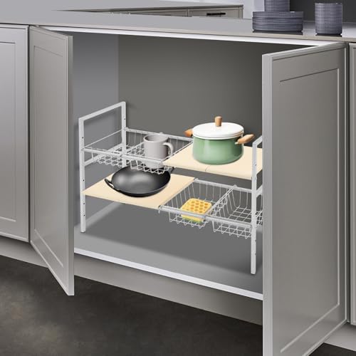 2-Tier Under Sink Organizer, Adjustable 20.9-34.6 Inch, Stainless Steel Cabinet Shelf with 4 Baskets, Cream White (Cream White) - color: Cream White
