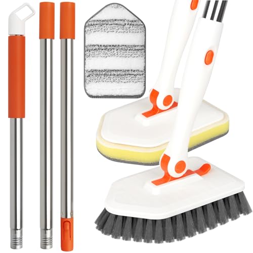 Long Handled Scrub Brush for Shower，3-in-1 Cleaning Brushes with 3 Different Function Cleaning Heads Brush for Shower Cleaning Bathroom Kitchen Walls Tub Tile - color: Orange