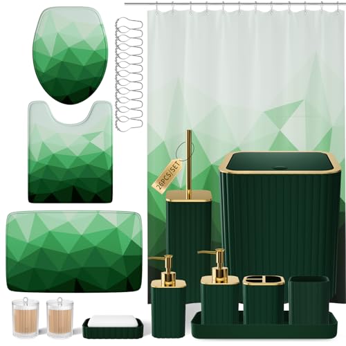 XLHOMO Bathroom Accessory Set - 26PC Bathroom Shower Curtain and Rug Set, Bathroom Accessories Set, Green Bathroom Set with Trash Can, Toilet Brush, Qtip Holder & Soap Dispenser - style: Dark Green