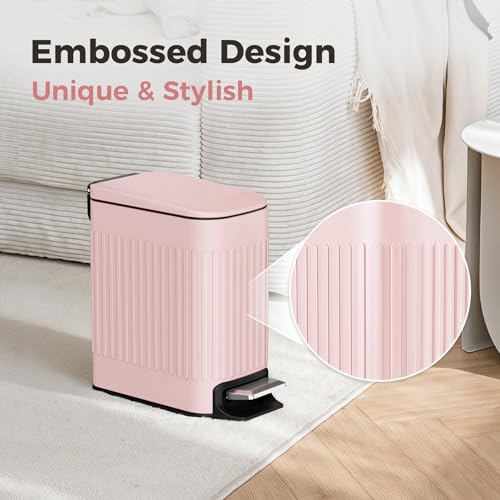TrashAid Slim Bathroom Trash Can with Lid Soft Close & Pedal, 1.6Gal, Pink | Removable Inner Bucket, Stainless Steel Garbage Can, Small Wastebasket for Toilet/Office/Bedroom, Retro Design, Odor Control - color: Pink