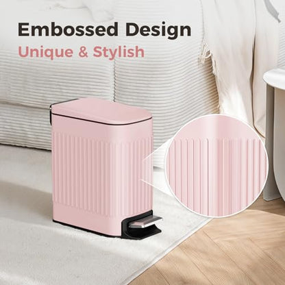 TrashAid Slim Bathroom Trash Can with Lid Soft Close & Pedal, 1.6Gal, Pink | Removable Inner Bucket, Stainless Steel Garbage Can, Small Wastebasket for Toilet/Office/Bedroom, Retro Design, Odor Control - color: Pink