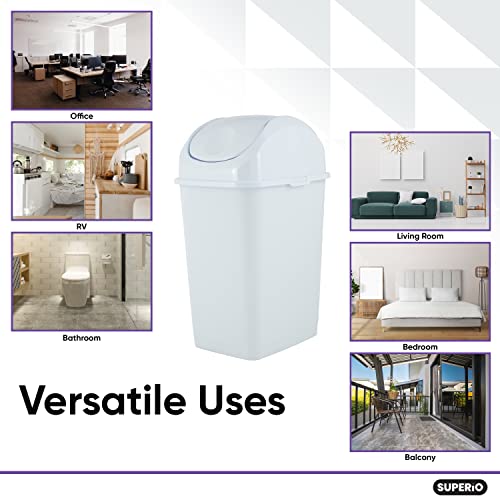 Superio Small Plastic Trash Can with Swing Top Lid, Compact Slim Waste Bin for Under Desk, Office, Bedroom, Bathroom, Dorm Room, 10 Qt. Portable Garbage Can 2.5 Gallon (White, 2 Pack) - size: 2.5 Gallon, style: 2 Pack