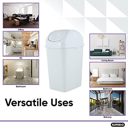Superio Small Plastic Trash Can with Swing Top Lid, Compact Slim Waste Bin for Under Desk, Office, Bedroom, Bathroom, Dorm Room, 10 Qt. Portable Garbage Can 2.5 Gallon (White, 2 Pack) - size: 2.5 Gallon, style: 2 Pack