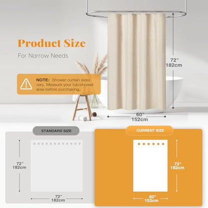 60x72 Linen Textured Waterproof Fabric Shower Curtain, Beige/Cream | Narrow Size, 230GSM Polyester, Heavy Duty Cloth, Weighted Hem, 10 Plastic Hooks, Modern Luxury Hotel Style, Machine Washable - color: A - Cream, size: 60"W x 72"L (Pack of 1)