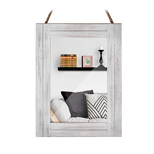 Rectangle Wall Mirror for Bathroom, Distressed White Wood Decor with Hanging Rope for Rustic Home Decor, Vanity, Living Room 12"×16" - color: White