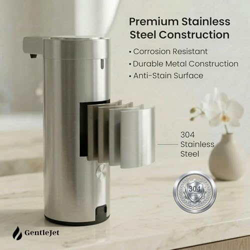 GentleJet SmoothDrop Automatic Liquid Soap Dispenser Touchless, No-Drip Precision Pump, USB-C Rechargeable, 304 Stainless Steel, Waterproof Countertop Dispenser for Kitchen & Bathroom Sink, 270 ml - color: Silver