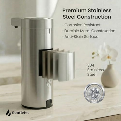 GentleJet SmoothDrop Automatic Liquid Soap Dispenser Touchless, No-Drip Precision Pump, USB-C Rechargeable, 304 Stainless Steel, Waterproof Countertop Dispenser for Kitchen & Bathroom Sink, 270 ml - color: Silver