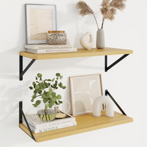 Deep Floating Shelves, 24'' x 10'' Oak Wall Shelves Set of 2 | 10 Inch Deep Shelves with Heavy Duty Brackets, Rustic Wood Shelves for Bathroom Living Room, Engineered Wood, 40LBS - color: Oak, size: 24W x 10D
