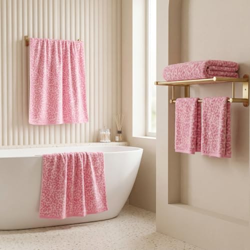 REDKISS Leopard Print Towel Set of 6,100% Cotton Bathroom Towels,Quick Dry & Absorbent,2 Bath Towel, 2 Hand Towel, 2 Washcloth-Pink - color: Pink