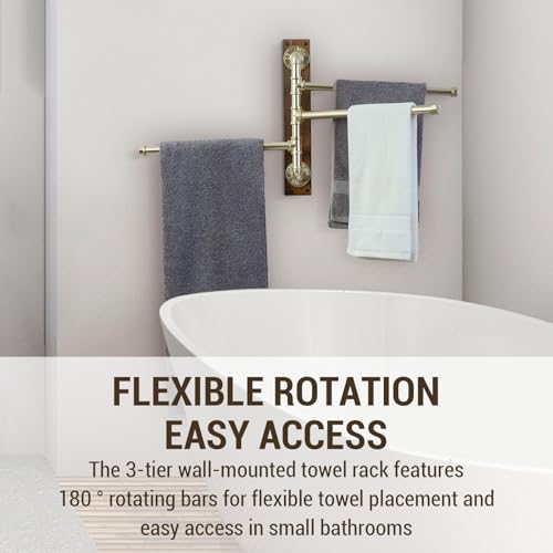 MyGift Swivel Towel Rack, Wood Towel Bar Holder with 3 Tier Industrial Metal Pipe, Wall Mount Towel Hanger Storage for Bathroom, Kitchen, Pool Outdoor (Brass) - color: Brass Tone