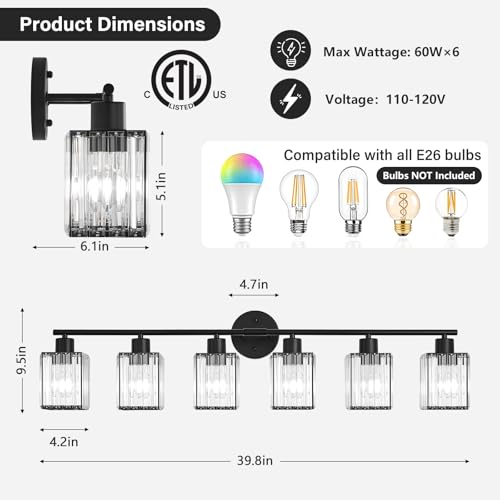 6 Light Bathroom Light Fixtures, Modern Crystal Vanity Lights over Mirror | Metal Frame, Bathroom Light with Square Crystal Shade, ETL Certified, E26 Ceramic Socket, Bulbs Not Included - color: Black, size: 6-Light
