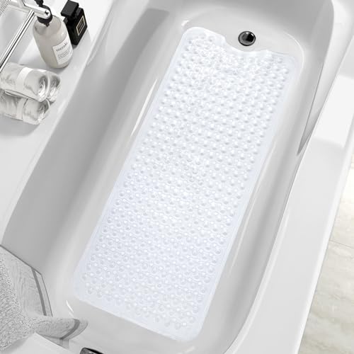 MOONFLY Shower and Bathtub Mat,40x16 Inches,Extra Long Non Slip Mats with Suction Cups and Drain Holes, Machine Washable and Anti Slip Bathmats, Bathroom Mats for Tub Nonslip (Clear) - color: Clear