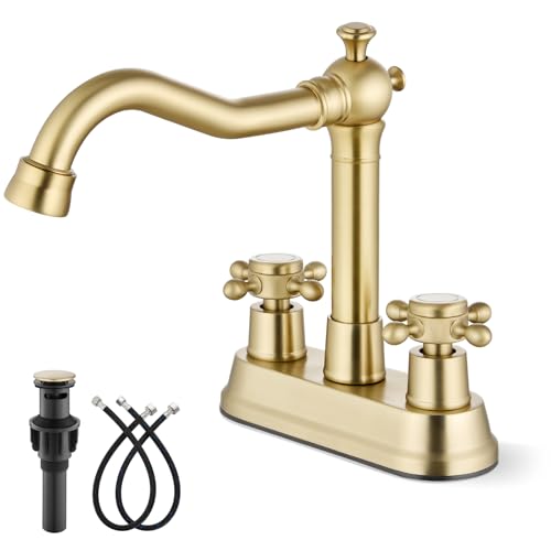 gotonovo 4 Inch Centerset Bathroom Faucet 2 Cross Handles Deck Mount 2 Hole Lavatory Vanity Utility Mixer Tap with Water Supply Hoses and Pop Up Drain RV Farmhouse, Brushed Gold - color: Brushed Gold
