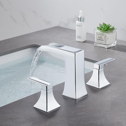 Chrome Waterfall Bathroom Faucet, Sanliv 2-Handle Widespread Bathroom Faucet for 3-Hole Sinks 4-8 inch, Modern 3 Piece Vanity Faucet with Pop-Up Drain Chrome - color: Chrome