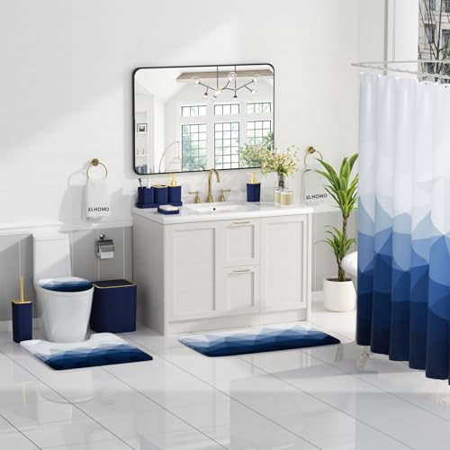 XLHOMO Bathroom Accessory Set - 26PC Bathroom Shower Curtain and Rug Set, Bathroom Accessories Set, Navy Blue Bathroom Set with Trash Can, Toilet Brush, Qtip Holder & Soap Dispenser - style: Navy Blue
