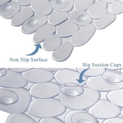 Webos Bath Shower Mat Non Slip: Extra Large Pebble Bathtub mat for Families, Anti Slip Shower Matt with Drain Holes Suction Cups Tub Mat - 16 X 40 Inch Clear - color: Pebble Clear
