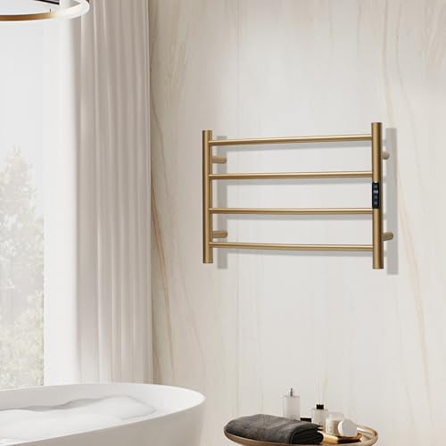 Electric Towel Rack with Voice Control for Alexa & Google Home,TUYA - Wall-Mounted Bathroom Heating Towel Warmer,Plug-in,Stainless Steel Material,16.54x23.62x5.51 in,Gold，4 Bars - color: Gold With Wifi, size: 4 Bar