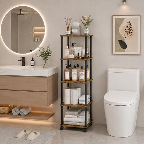 5-Tier 50.4" Tall Rustic Brown Bathroom Shelving Unit with Wheels | Wood Finish, Metal Frame, Rolling Narrow Open Shelf Design, for Laundry Room, Kitchen, Living Spaces, Easy to Move - color: Rustic Brown, size: 5-Tier