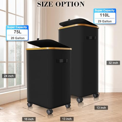 Laundry Hamper with Wheels,20 Gal (75L) Laundry Basket with lid Rolling Clothes Hamper Foldable Dirty Clothes Basket on wheels with Bamboo Frame and Bag for Bedroom, Dorm, Laundry Room-Black | Clothes Hampers for Laundry with Inner Bag, Dirty Clothes Hamp