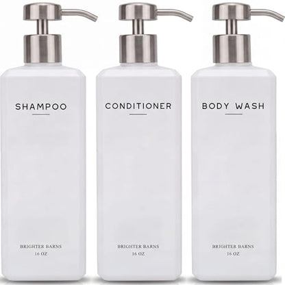 White Shampoo and Conditioner Dispenser Set by Brighter Barns - Shower Dispenser for Bathroom - Refillable Plastic Shampoo Bottle & Stainless Steel Pump - Shampoo Dispenser for Airbnb, Hotel (White) - color: White