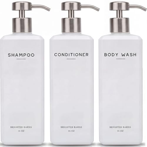 White Shampoo and Conditioner Dispenser Set by Brighter Barns - Shower Dispenser for Bathroom - Refillable Plastic Shampoo Bottle & Stainless Steel Pump - Shampoo Dispenser for Airbnb, Hotel (White) - color: White
