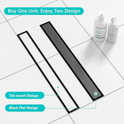 Neodrain 18" Matte Black Linear Shower Drain,2-in-1 Flat& Tile Insert Cover | 304 Stainless Steel,Fast Drainage, Durable,Rectangle Shower Floor Drain with Adjustable Feet,Hair Strainer,Fits Bathrooms - color: Matte Black, size: 18 In