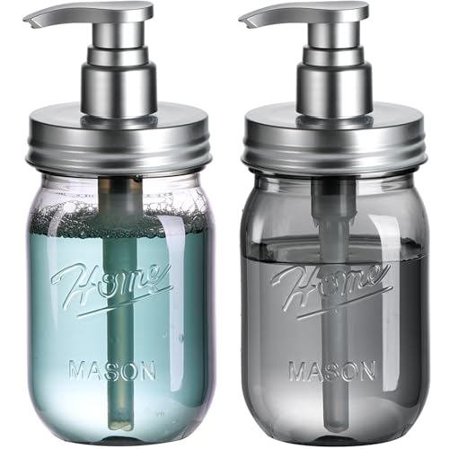 Amolliar Plastic Mason Jar Soap Dispenser with Pump Lid 16OZ -2 Pack Silver | Refillable BPA-Free Hand Soap Dispenser Set with Cute Lables, Farmhouse Decor for Kitchen Bathroom Liquid Dish Soap Lotion - color: Black Jar + Silver Pumps