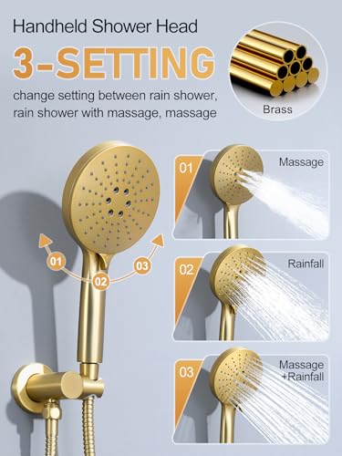 Woindo Shower Faucet Set 10" Rain Shower Head/8'' Side Shower Head and 3 Setting Handheld Ceiling Mount 3 Push Button Diverter Complete Rainfall Round Shower System Included Valve Trim Kit - color: Brushed Gold, style: 10"-R-Ceiling-02