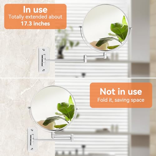 8 inch Wall Mounted Makeup Mirror, 1X/10X Magnifying Double-Sided Wall Mount Shaving Mirror (Close-Up 10X) with Extendable Arm, 360° Swivel for Bathroom Vanity, Chrome (No Light) - color: Chrome