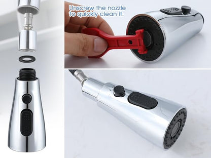 Kitchen Faucet Sprayer Head Replacement, 3 Function Pull Down Sink Faucet Spray Head with Detachable Aerator, Universal Fit, Chrome/Brushed Nickel Finish, Leak-Proof Nozzle for Kitchen Sink