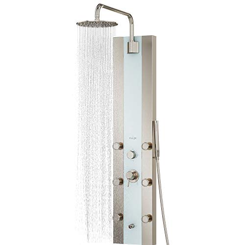 Tropicana ShowerSpa Panel with 10" Rain Showerhead - Brushed Stainless Steel Body & Fixtures, Seafoam Tempered Glass Panel, 1.8GPM - Rain Shower Head with Handheld Spray Wand, 6 Silk-Spray Jets, Spout - color: Brushed Nickel Fixtures 1.8 GPM